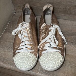 Fergie Metallic Rose Gold Lace-Up Sneakers with Cream Toe Caps